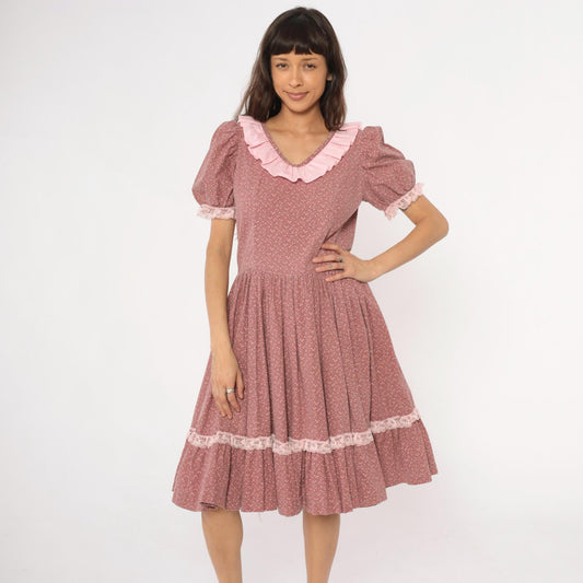 70s Prairie Dress Floral Dusty Rose Puff Sleeve Ruffle Collar Lace Trim Large L