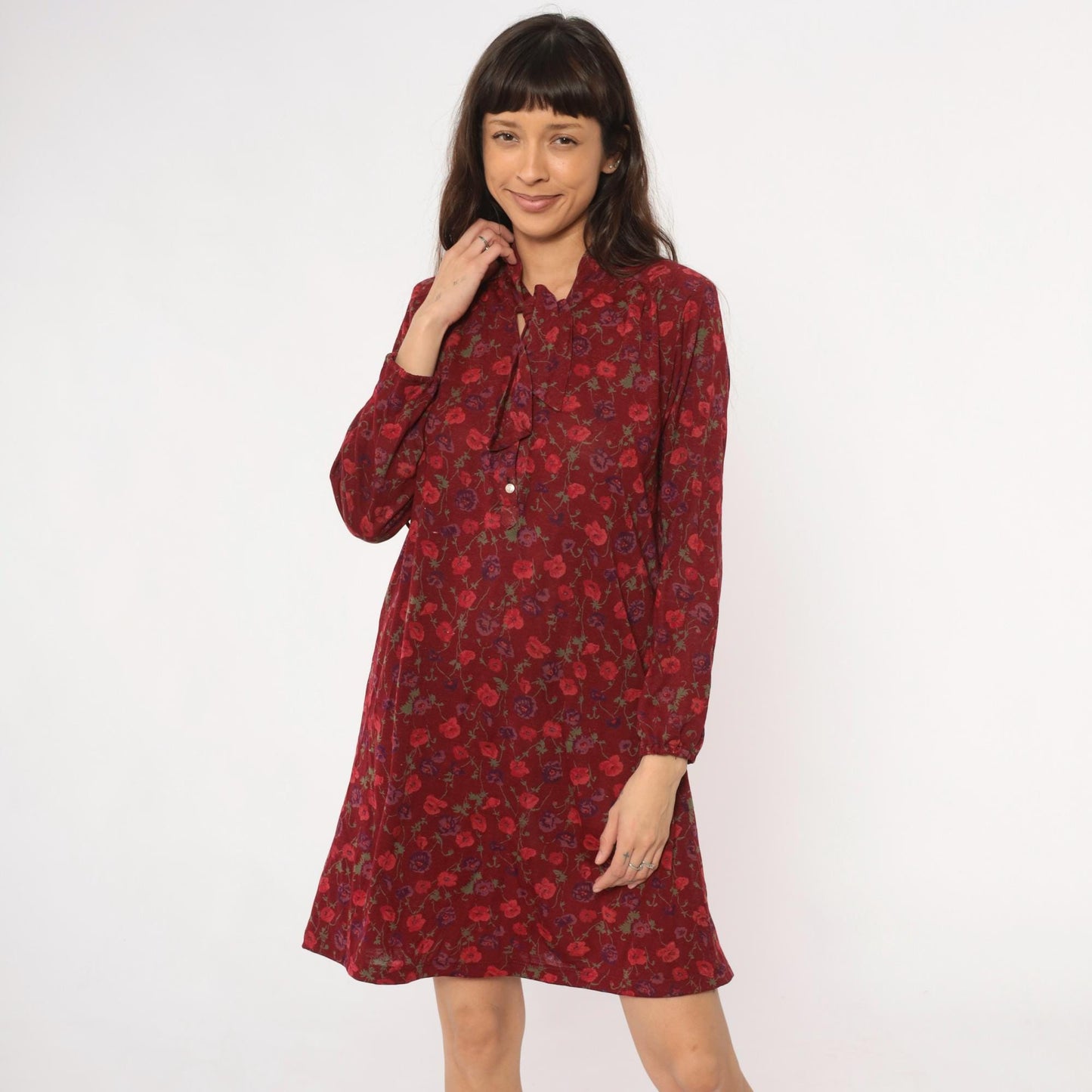 80s Burgundy Floral Midi Dress Long Sleeve Tie Neck Button Front Medium
