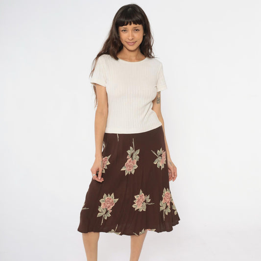 90s Cristina Colorblock Midi Dress Cream Ribbed Knit Brown Floral Medium