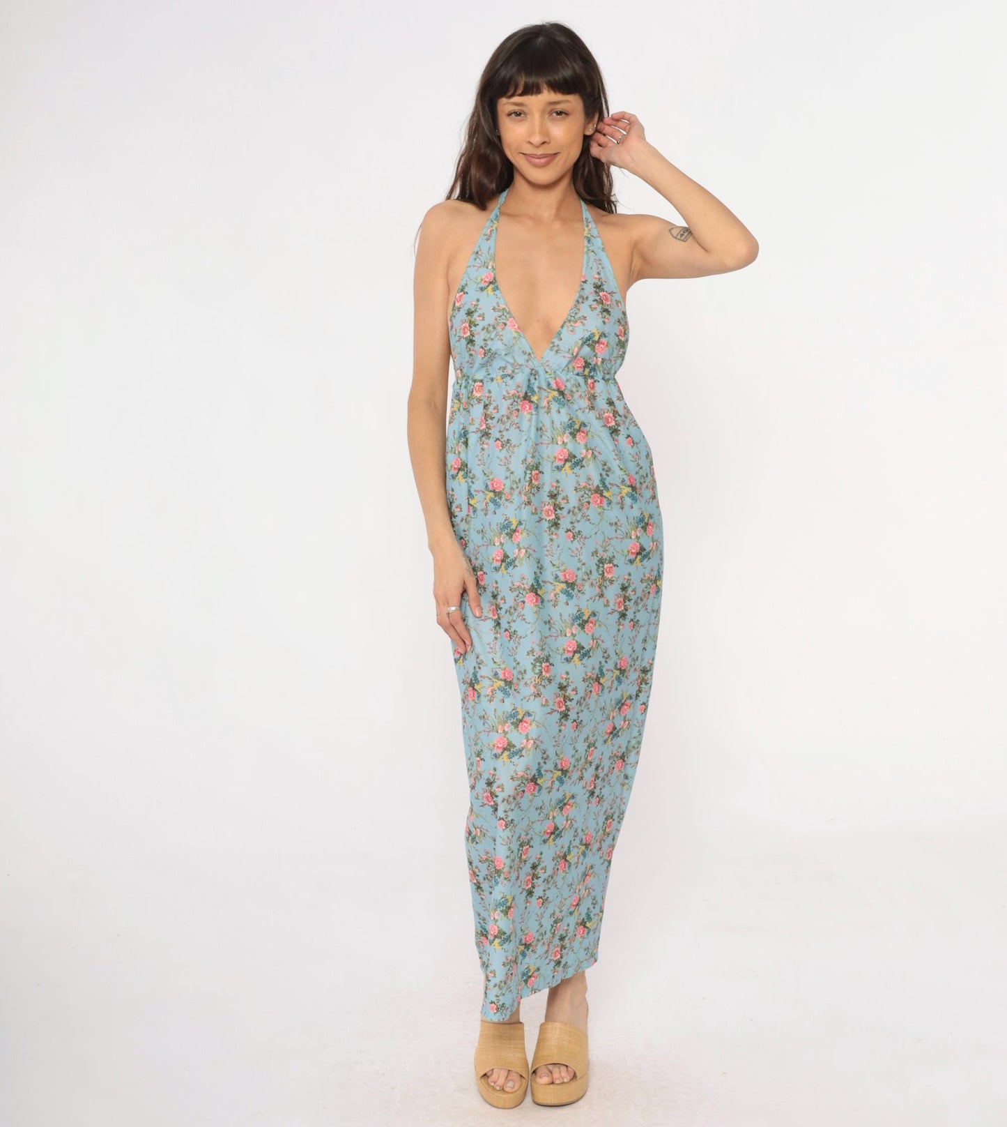 70s Light Blue Floral Maxi Halter Dress Empire Waist Pink Roses Small