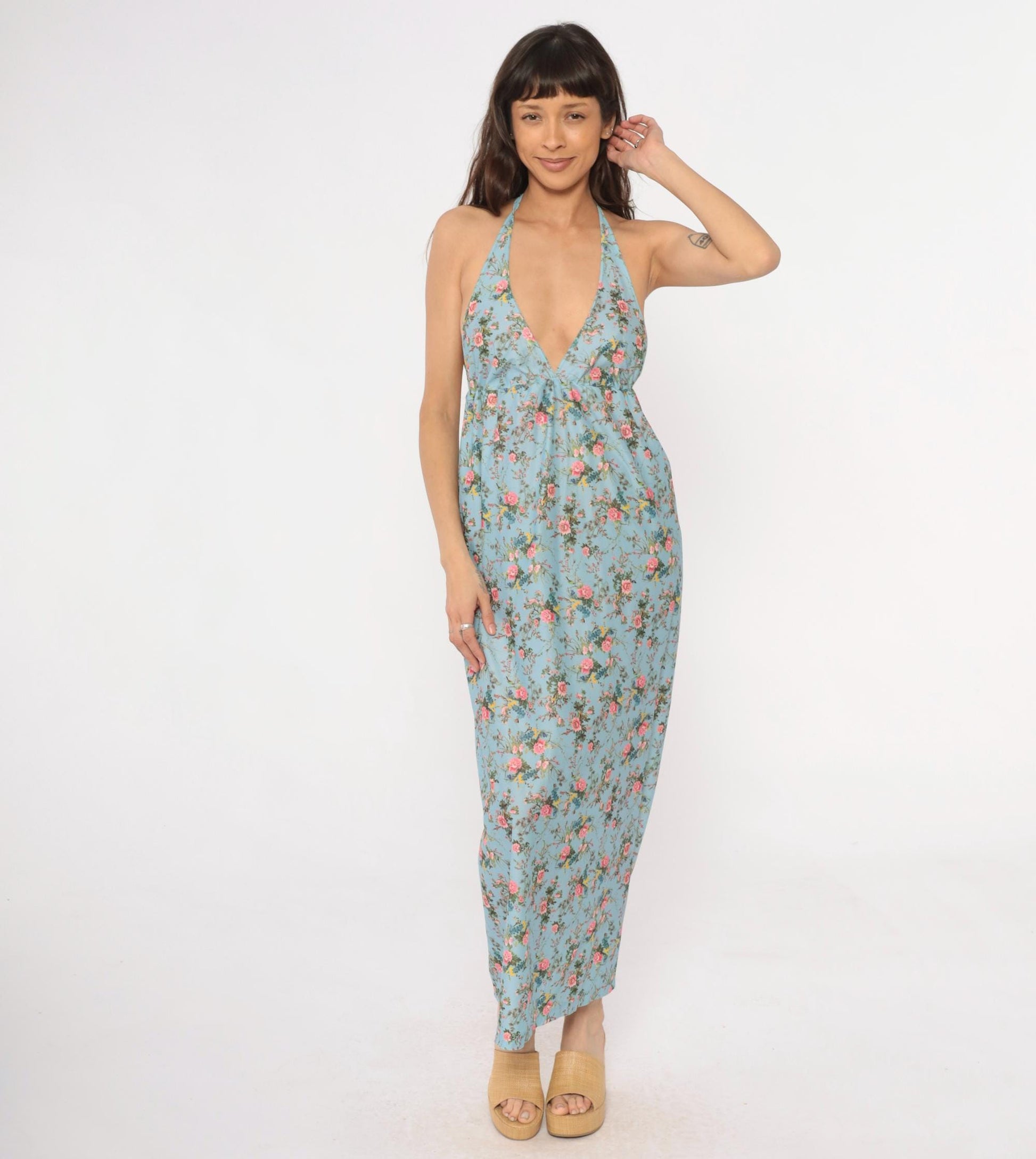 70s Light Blue Floral Maxi Halter Dress Empire Waist Pink Roses Small