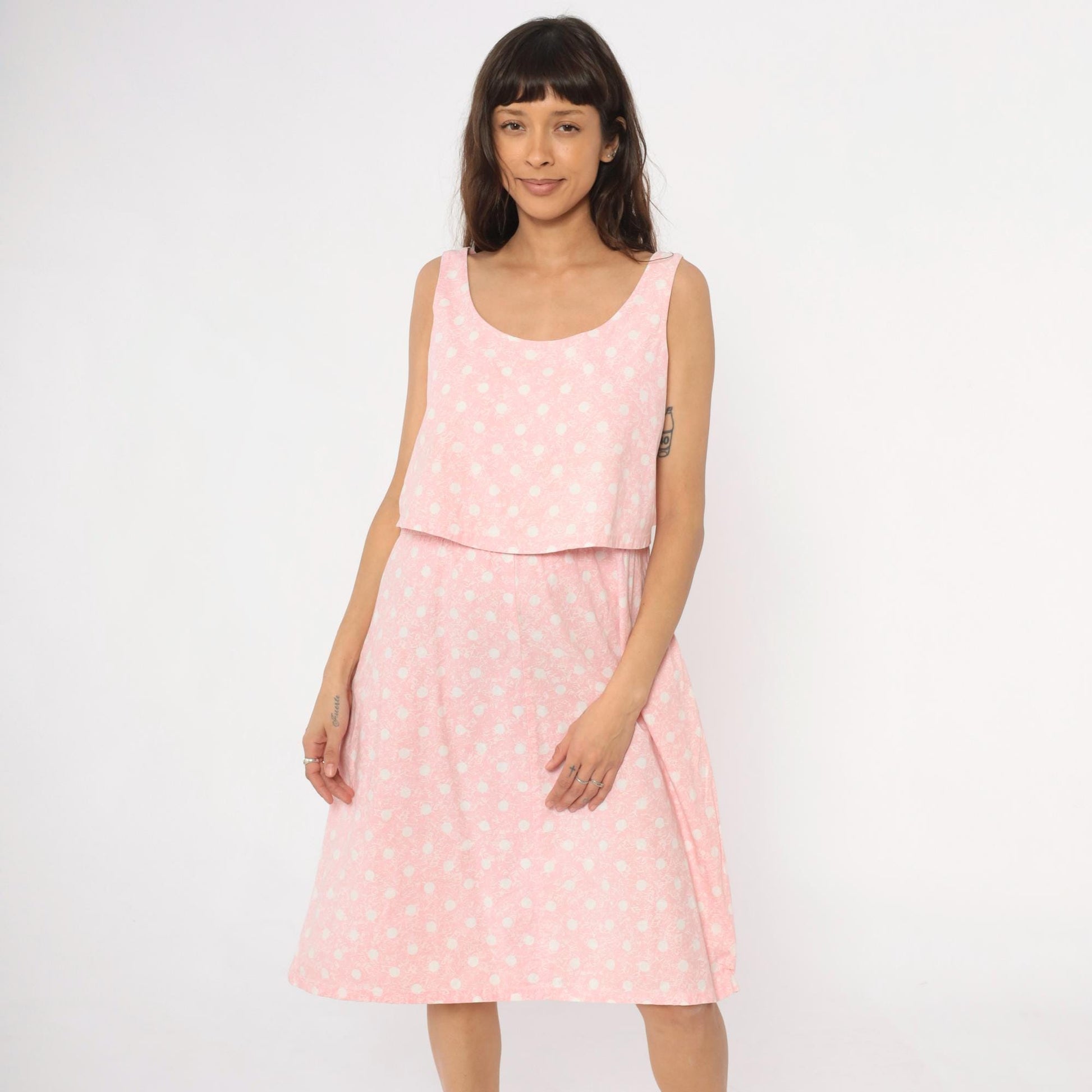 90s Pink Polka Dot Cotton Sundress Sleeveless Scoop Neck Medium M