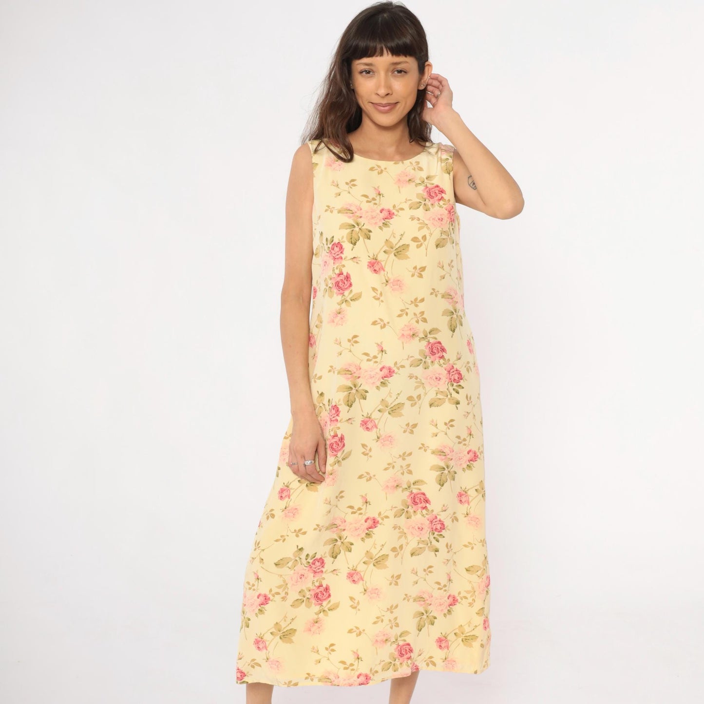 90s Silk Maxi Dress Yellow Floral Rose Print Shift Sleeveless Large L