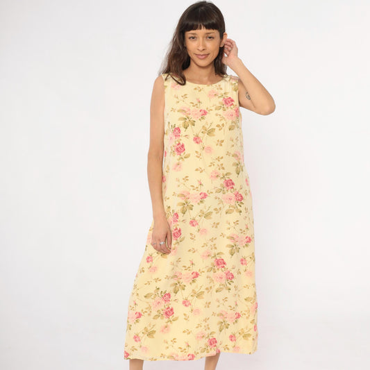 90s Silk Maxi Dress Yellow Floral Rose Print Shift Sleeveless Large L