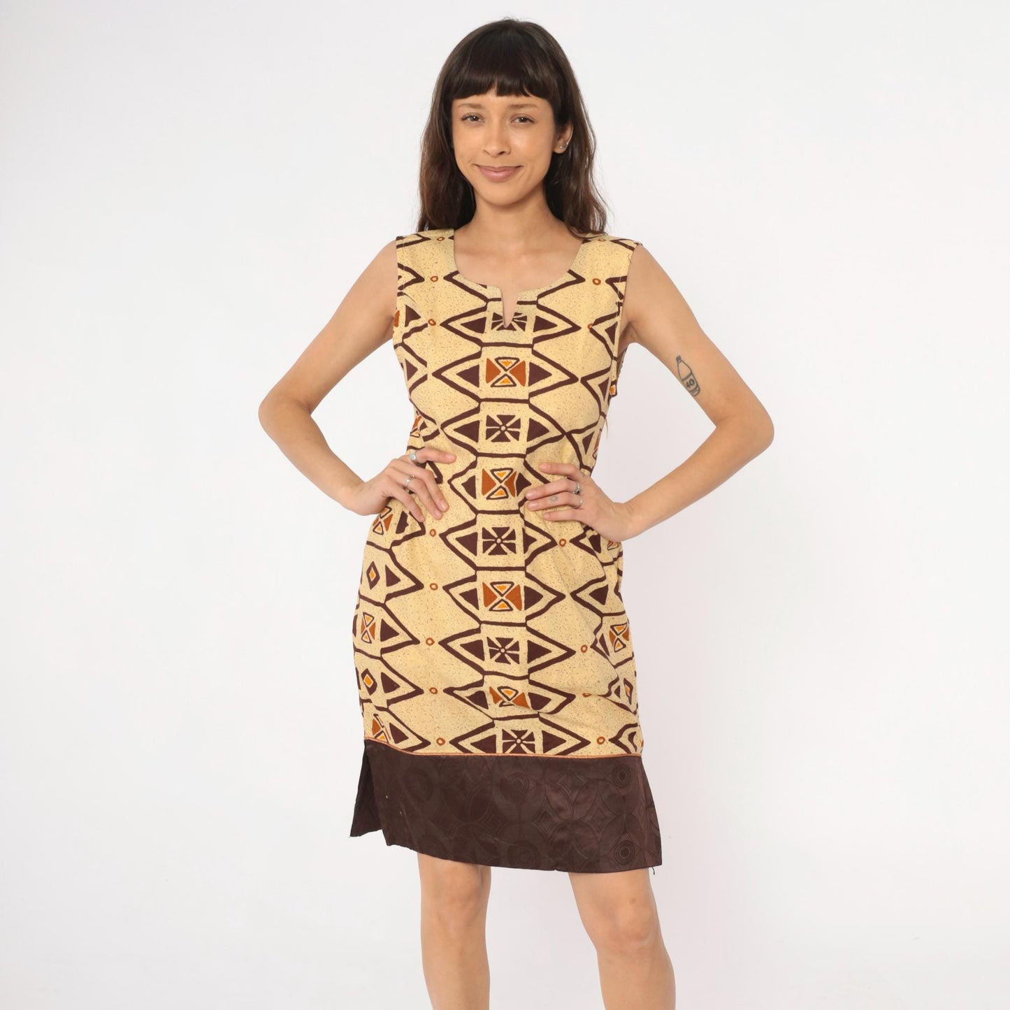 Y2K Southwestern Geometric Shift Dress Cream Brown Orange Tribal Print Extra Small XS