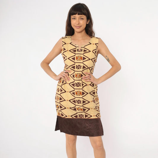 Y2K Southwestern Geometric Shift Dress Cream Brown Orange Tribal Print Extra Small XS