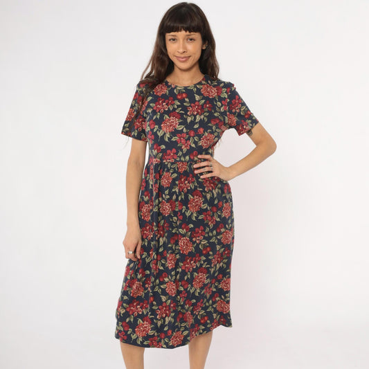 90s Talbots Floral Midi Dress Navy Dahlia Cotton Small