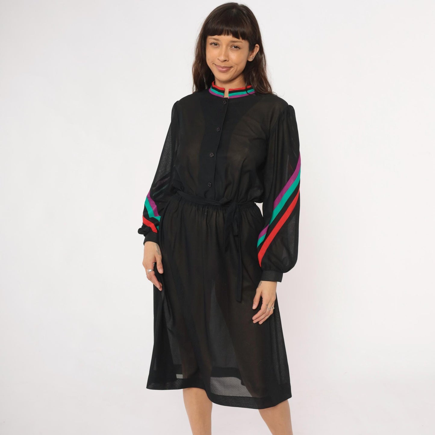 80s Blair Black Dress Striped Trim Stand Collar Long Sleeve Knee Length Medium