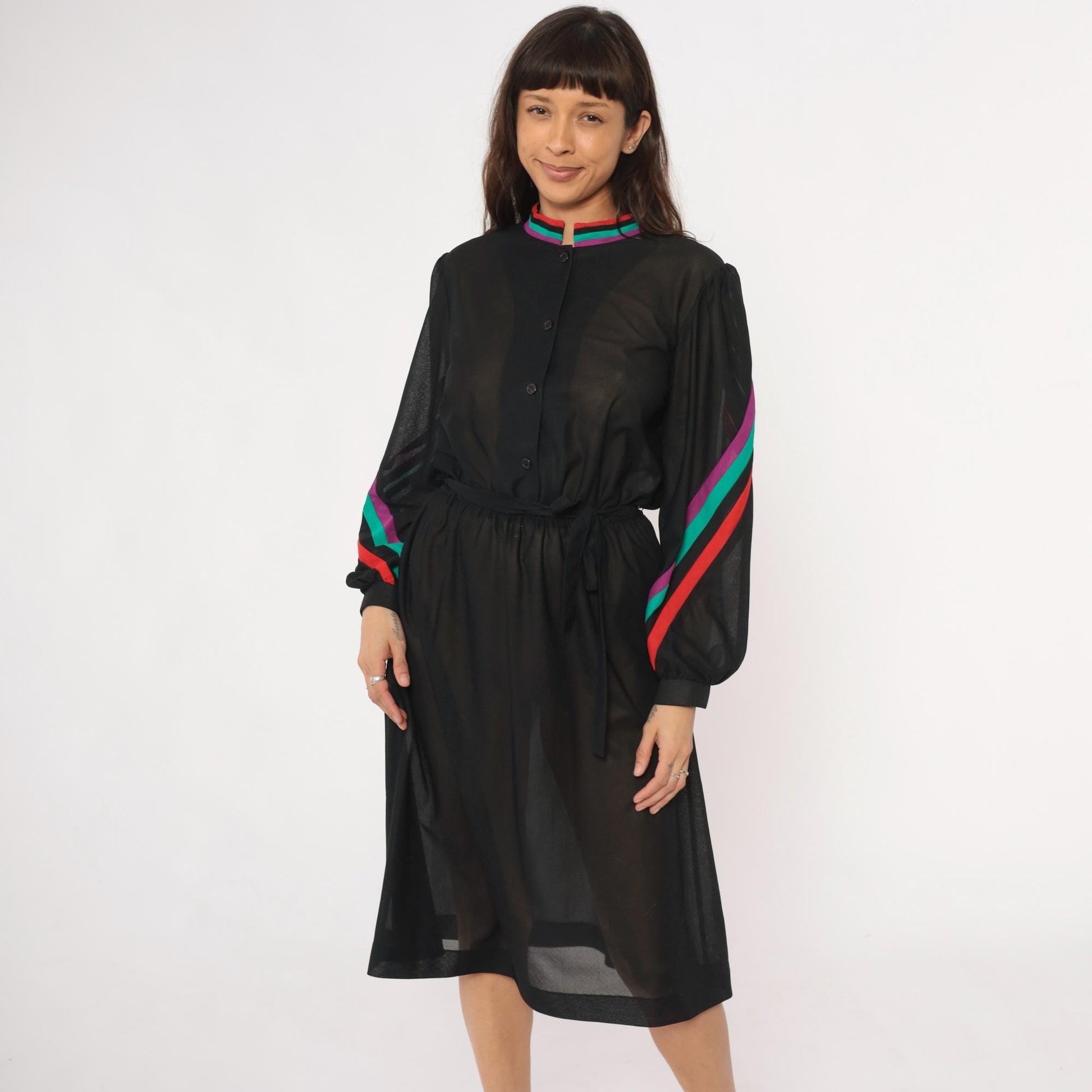 80s Blair Black Dress Striped Trim Stand Collar Long Sleeve Knee Length Medium