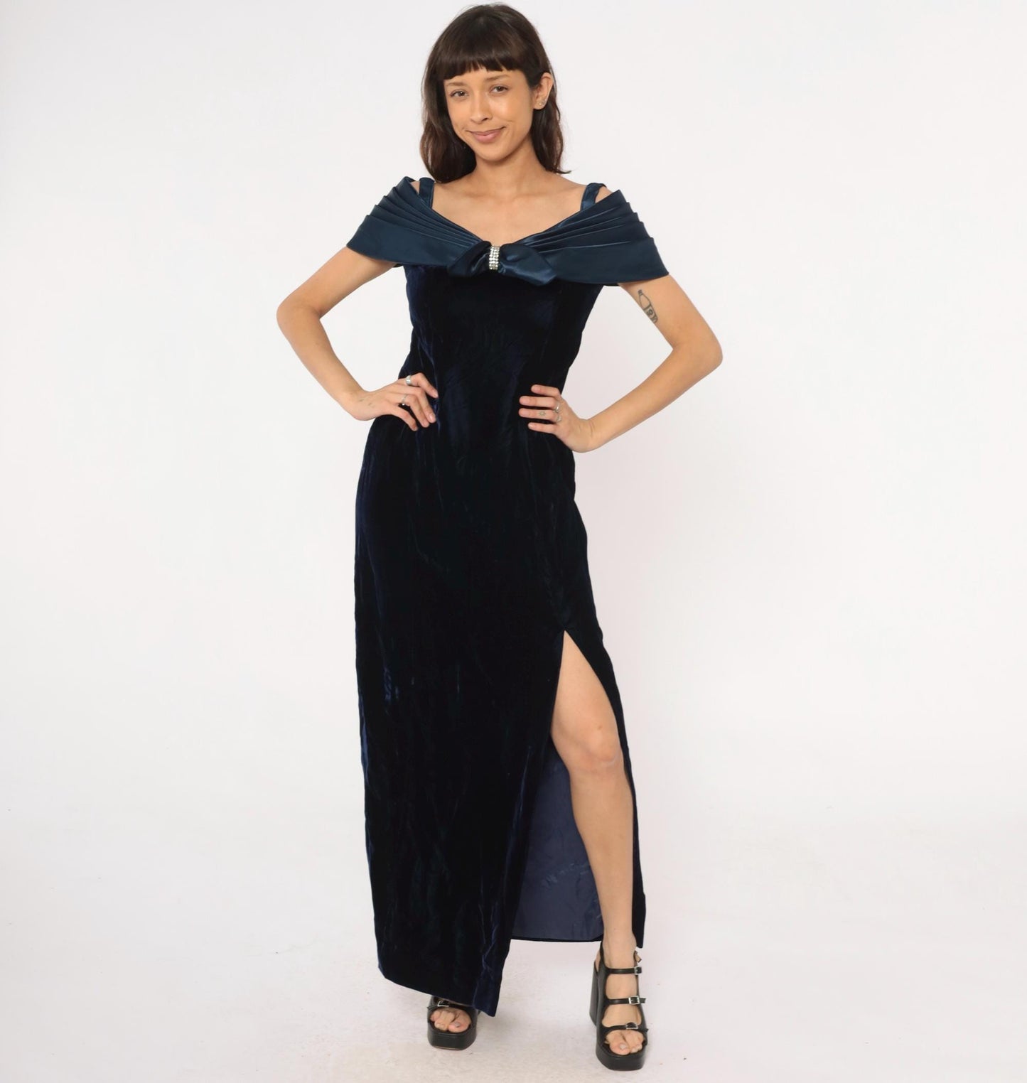 90s Navy Velvet Maxi Dress Off-Shoulder Bow Rhinestone Medium