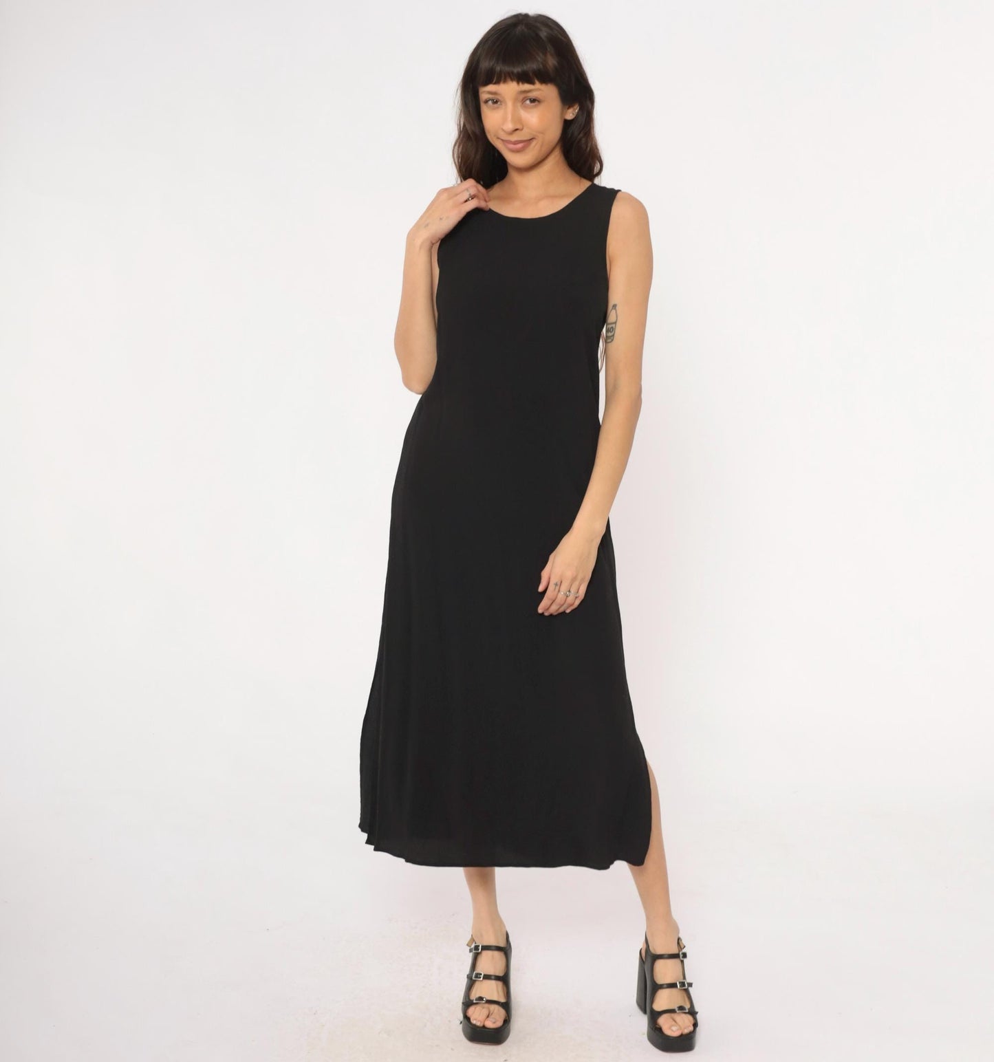 90s Black Maxi Dress Valerie Stevens Petites Sleeveless Column Medium