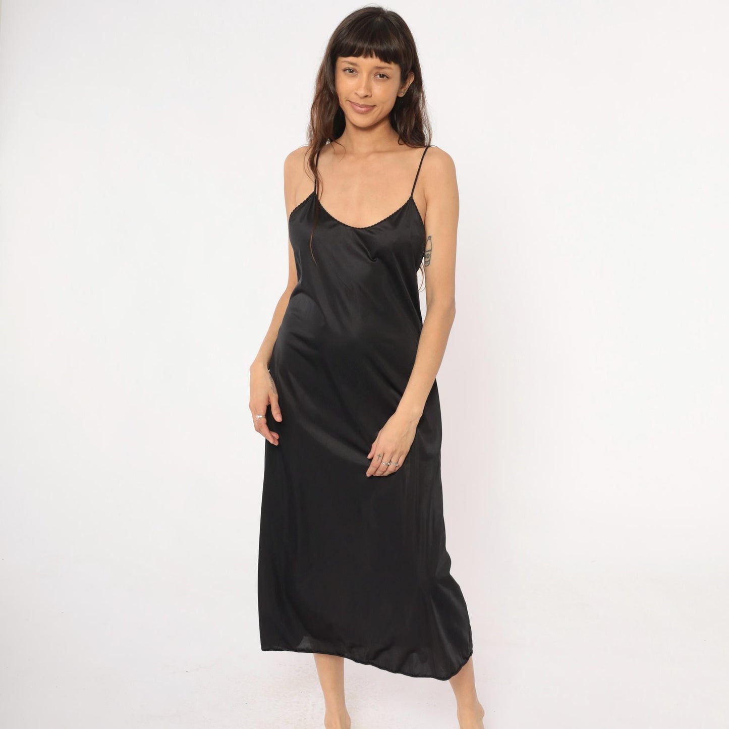 90s Vanity Fair Black Slip Dress Spaghetti Strap Lace Trim Midi Medium