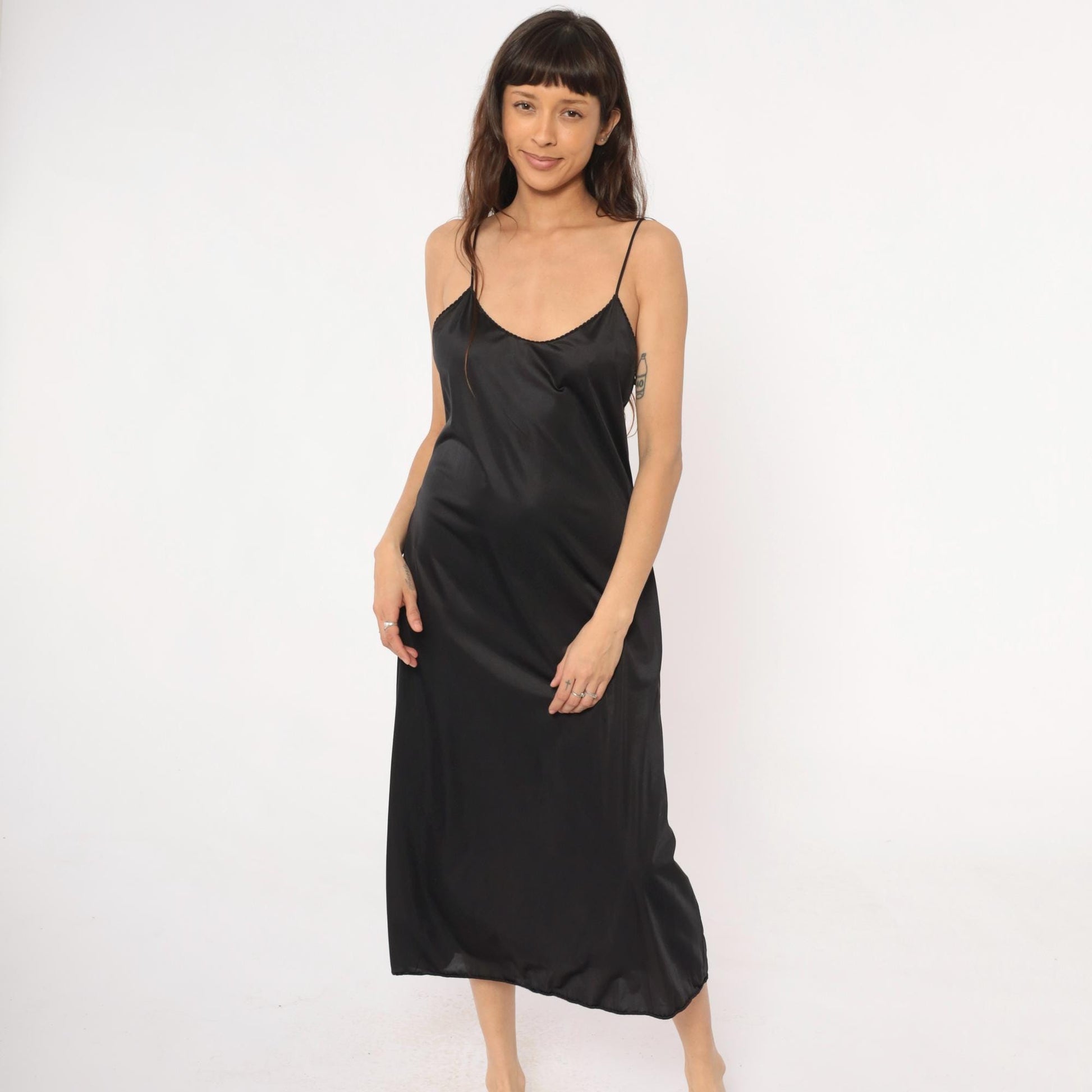 90s Vanity Fair Black Slip Dress Spaghetti Strap Lace Trim Midi Medium