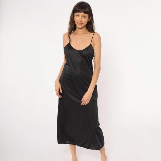 90s Vanity Fair Black Slip Dress Spaghetti Strap Lace Trim Midi Medium