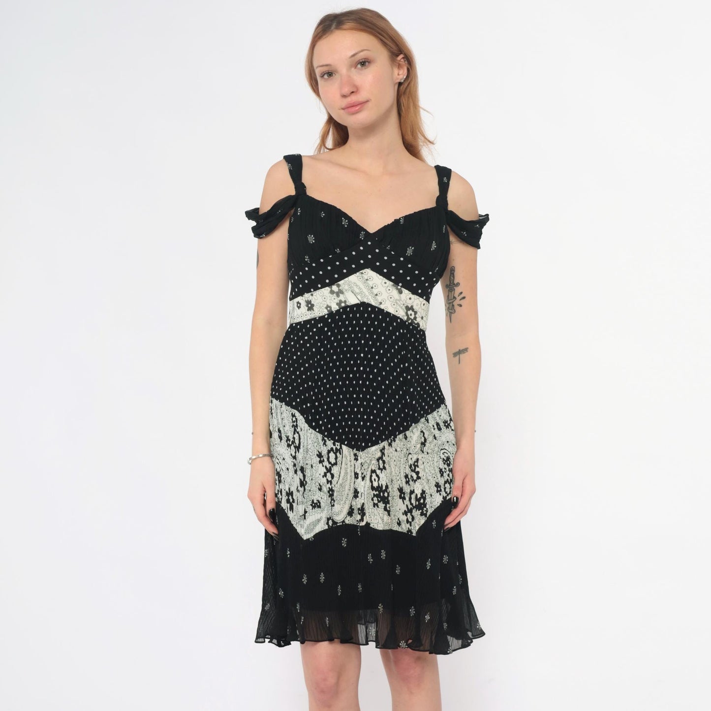 Y2K Alberto Makali Black Mini Dress Mixed Print Cold Shoulder Small S