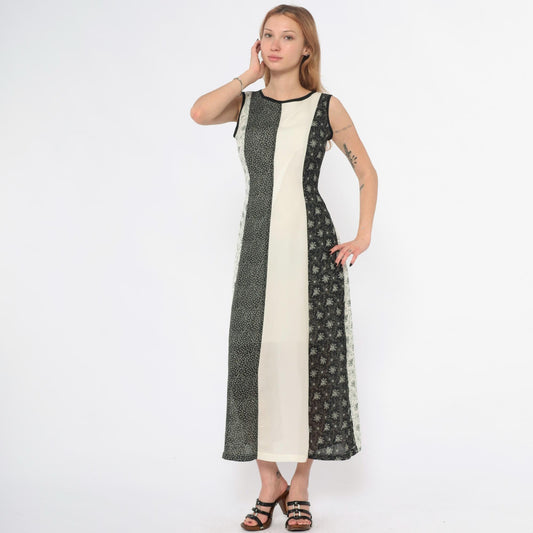 Y2K Maxi Dress Black White Floral Striped Tie Waist Sleeveless Medium M