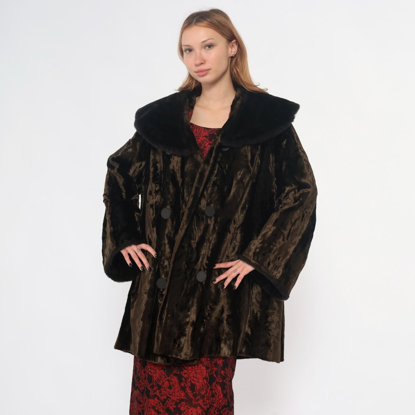 70s Brown Crushed Velvet Coat Black Faux Fur Collar Button Front Extra Large XXL
