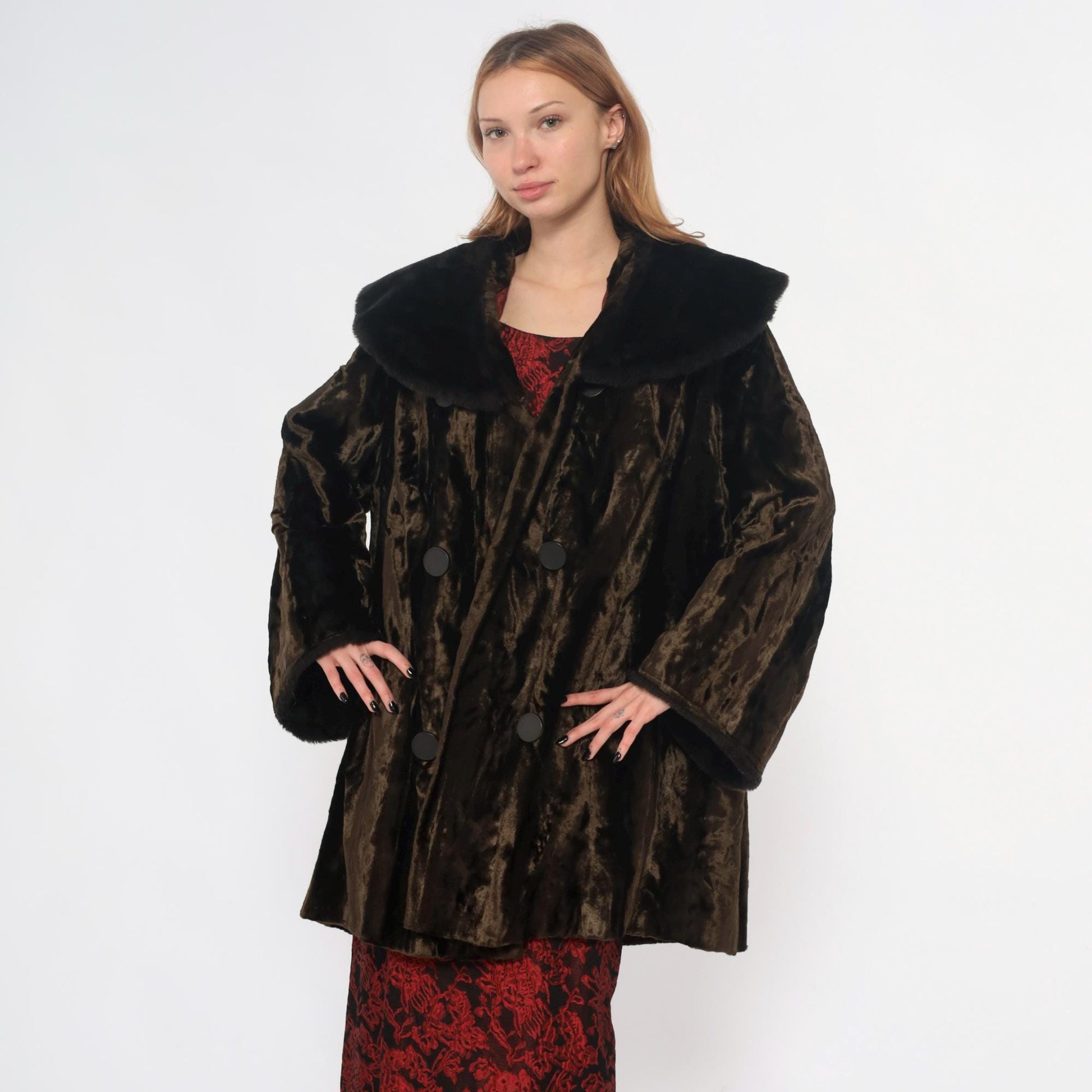 70s Brown Crushed Velvet Coat Black Faux Fur Collar Button Front Extra Large XXL