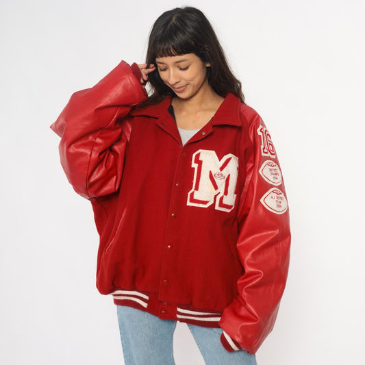 Y2K Neff Red Wool Varsity Jacket Leather Sleeves Football Patches XXL