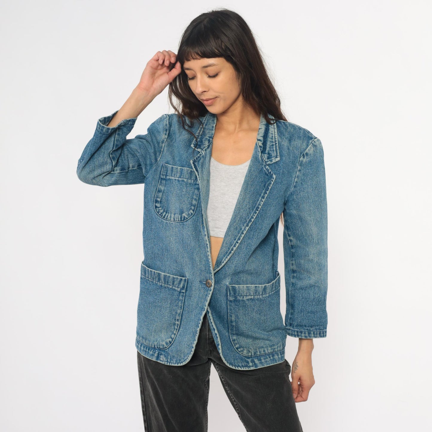 90s Eddie Bauer Denim Blazer Blue Jean Jacket Notched Collar Extra Small XS