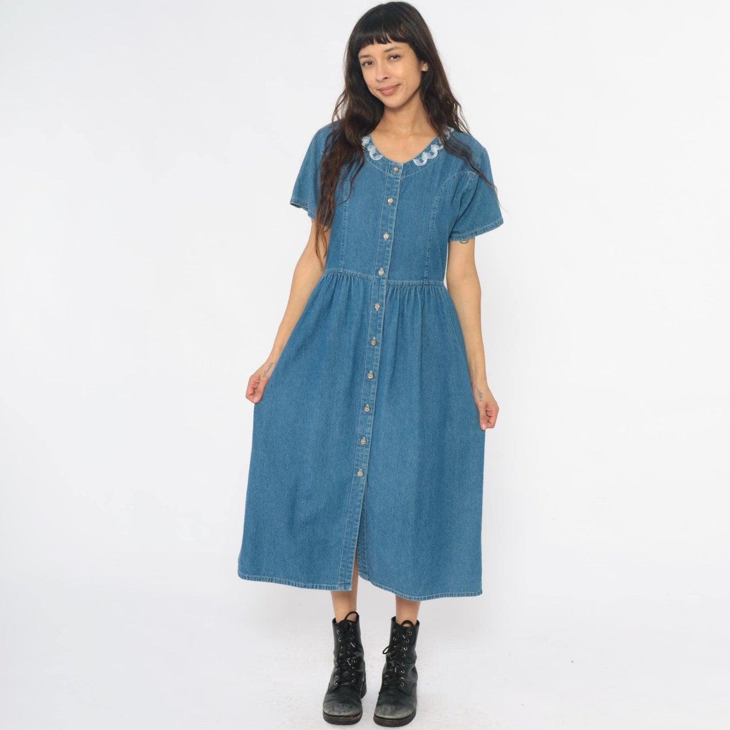 90s G.S. Denims Midi Dress Blue Embroidered Collar Gathered Waist Large L
