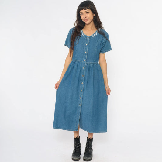 90s G.S. Denims Midi Dress Blue Embroidered Collar Gathered Waist Large L