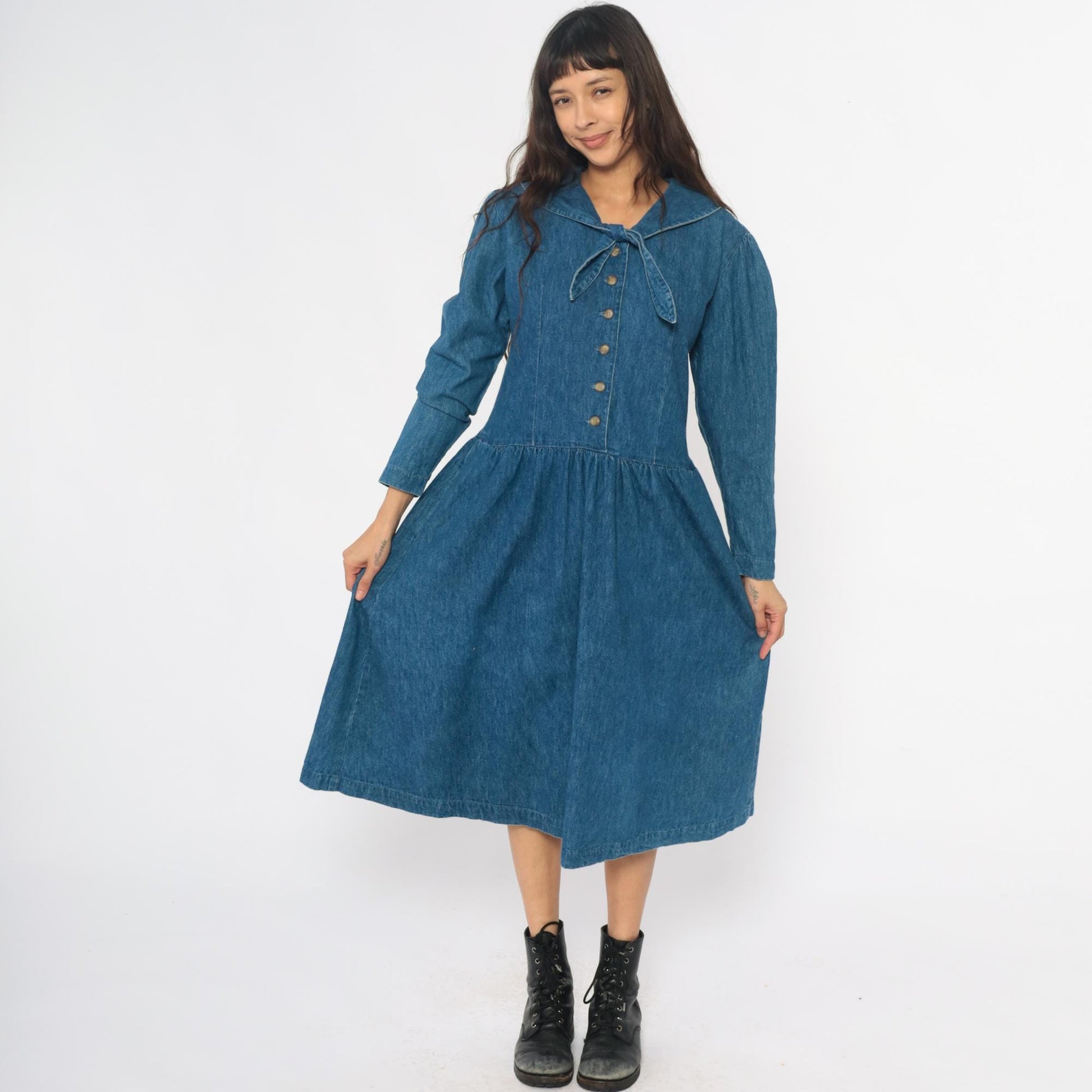 90s All Week Long Denim Shirtdress Blue Cotton Peter Pan Collar Medium