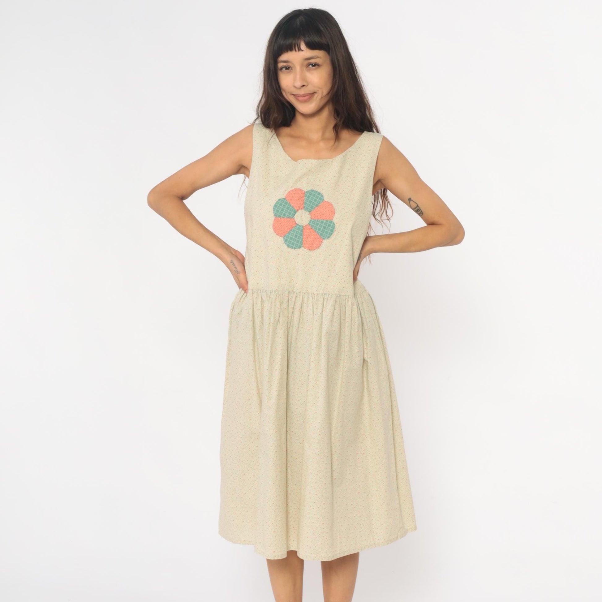 90s Cream Floral Appliqué Drop Waist Midi Dress Gathered Skirt Medium