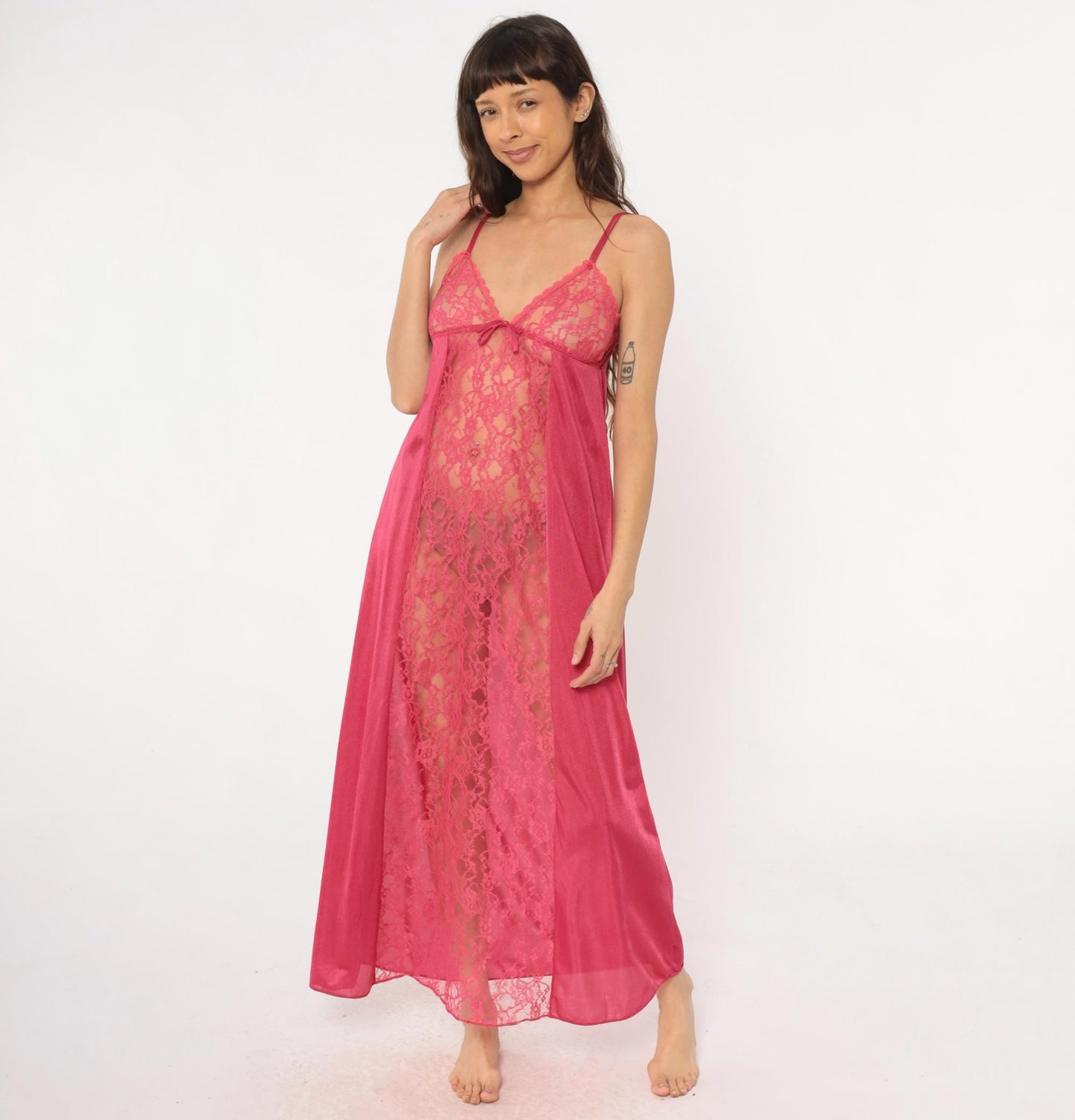 80s Rose Pink Lace Maxi Nightgown V-Neck Spaghetti Strap Medium