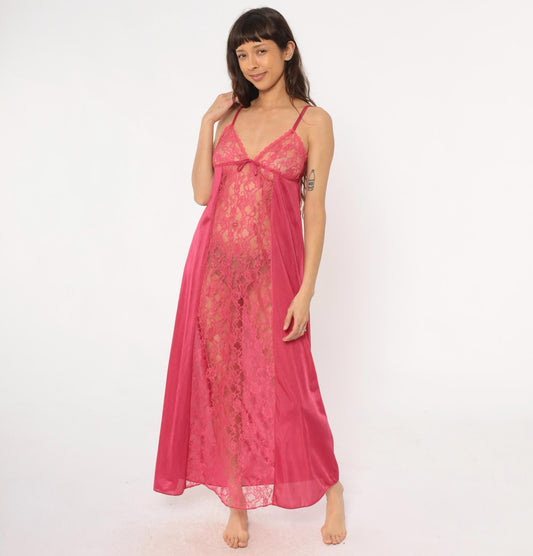 80s Rose Pink Lace Maxi Nightgown V-Neck Spaghetti Strap Medium