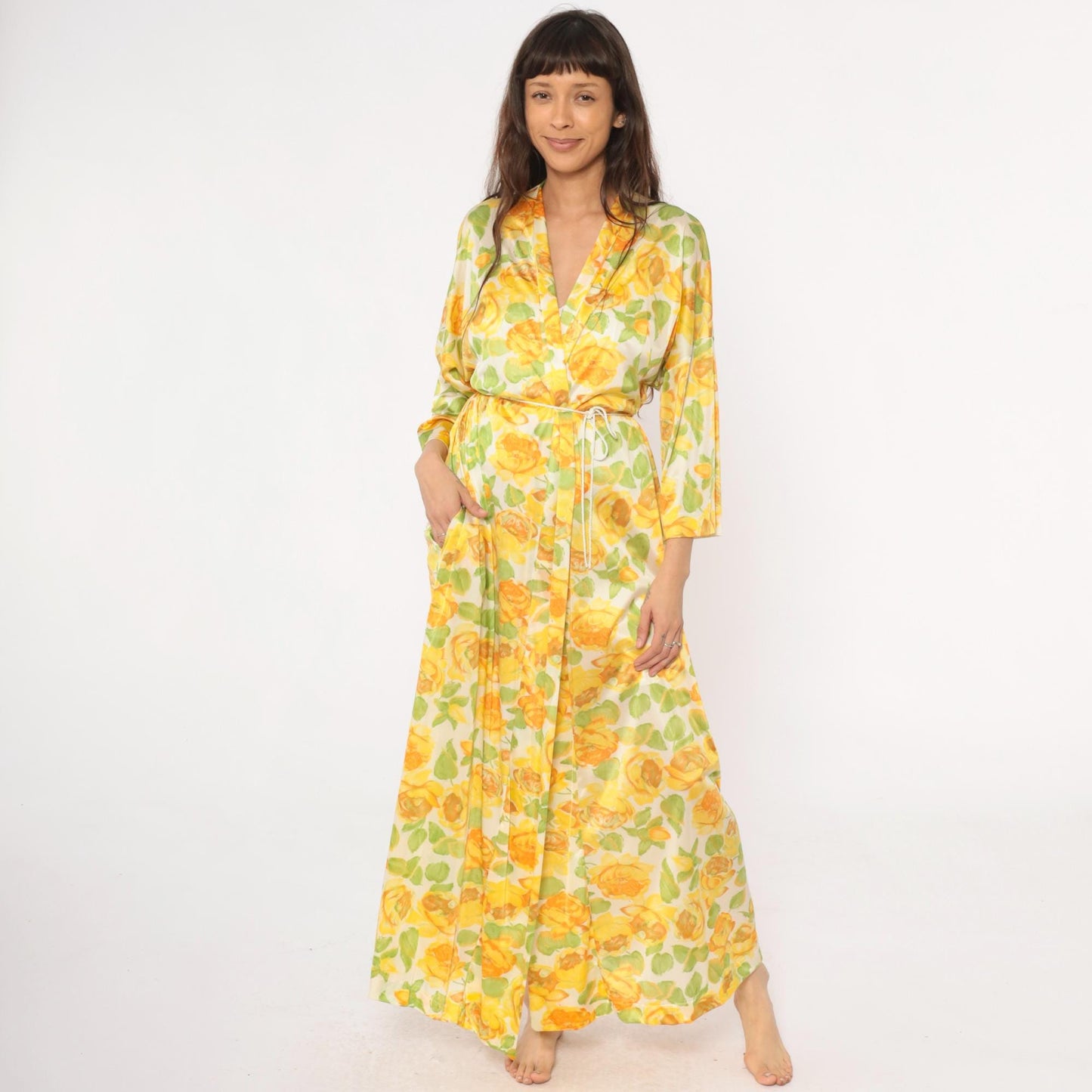 80s Vanity Fair Yellow Rose Floral Robe Maxi Duster Shawl Collar Medium
