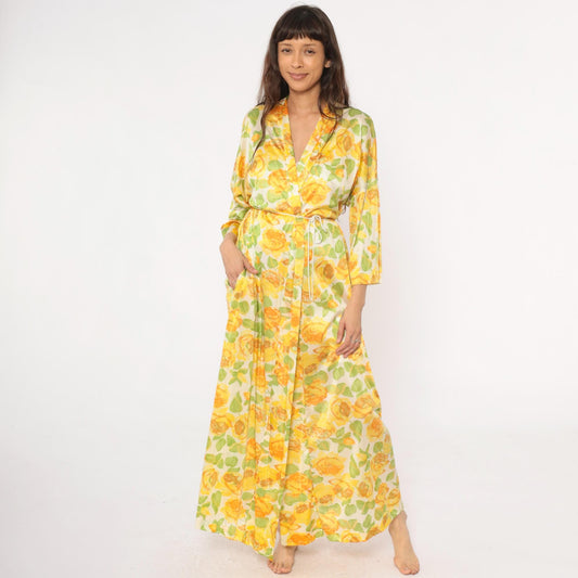 80s Vanity Fair Yellow Rose Floral Robe Maxi Duster Shawl Collar Medium