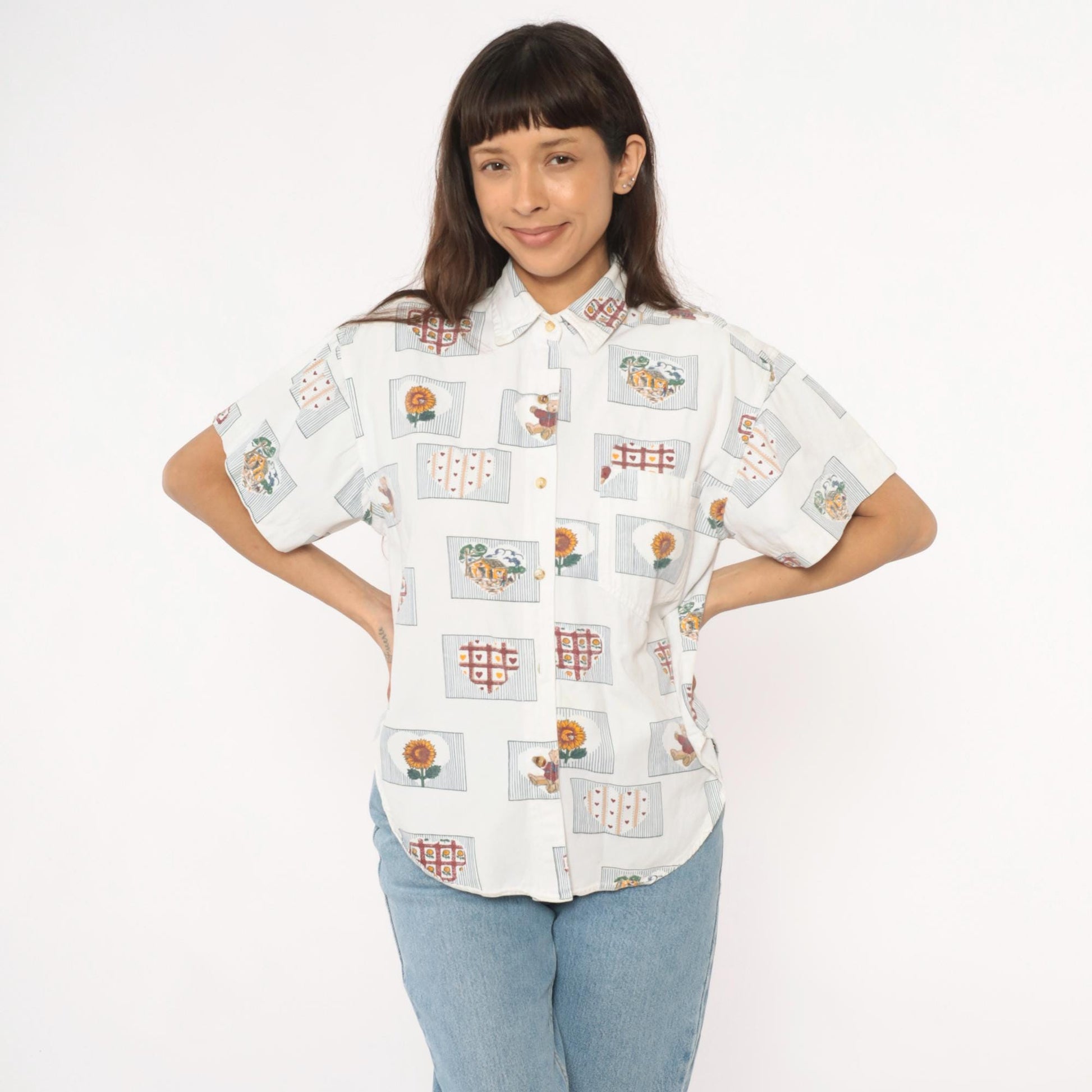 90s Cream Cotton Button-Up Shirt Sunflower Teddy Bear Heart Print Large L