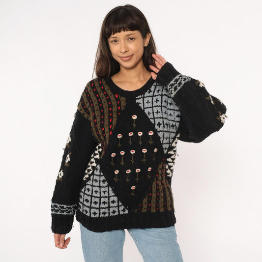80s Midnight Blues Patchwork Knit Sweater Black Geometric Floral Small