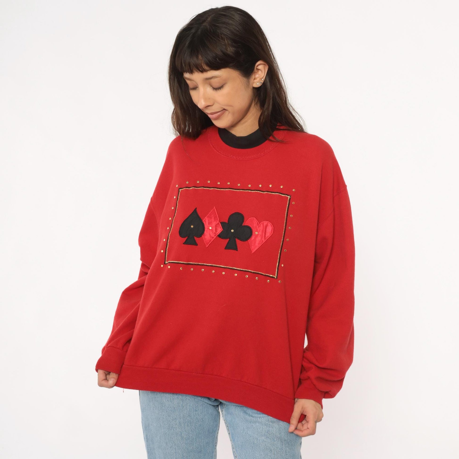 90s Jerzees Playing Card Sweatshirt Red Studded Casino Graphic Crewneck Large L