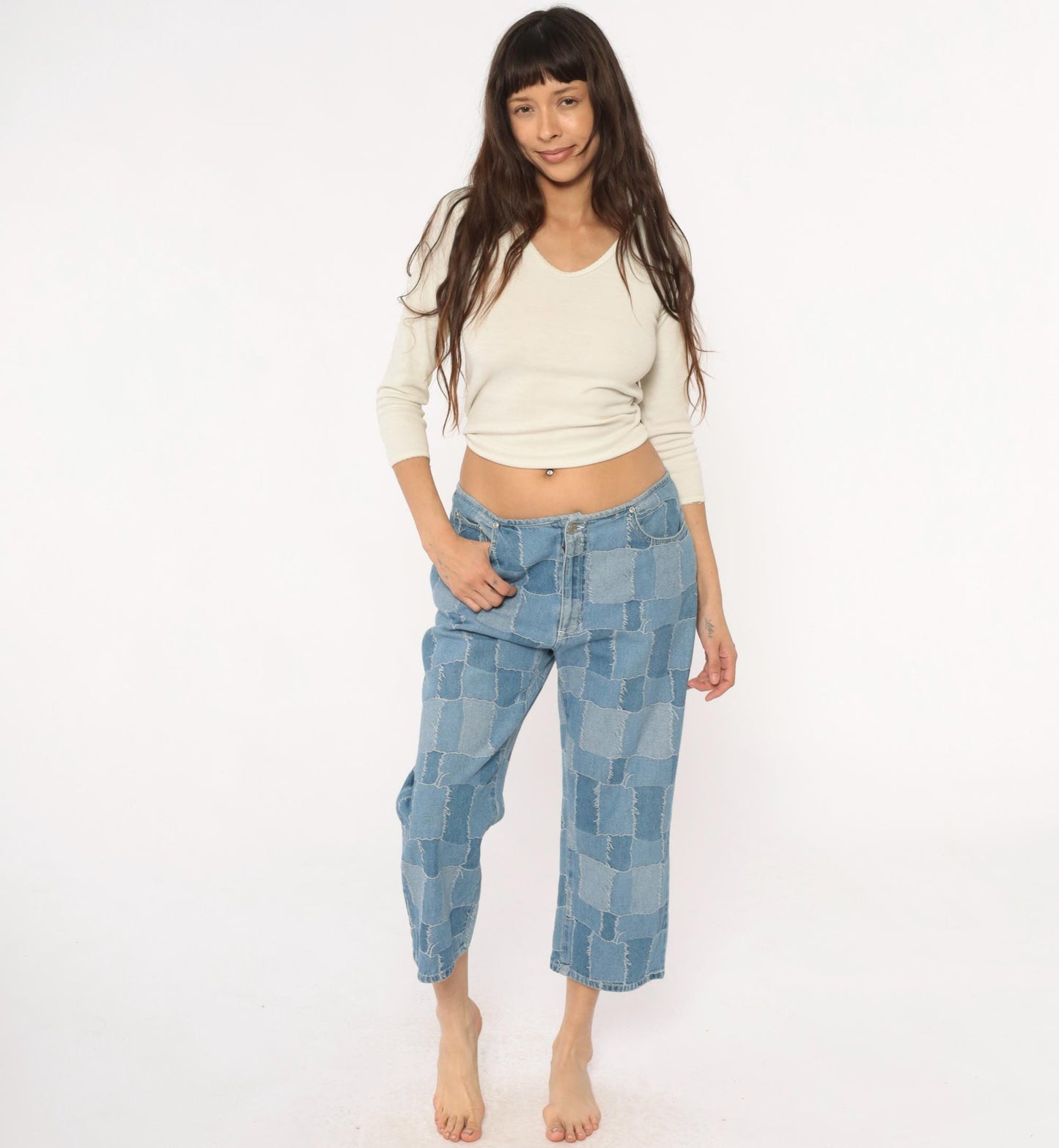 Y2K Carolina Blues Patchwork Denim Jeans Cropped Light Blue Medium M