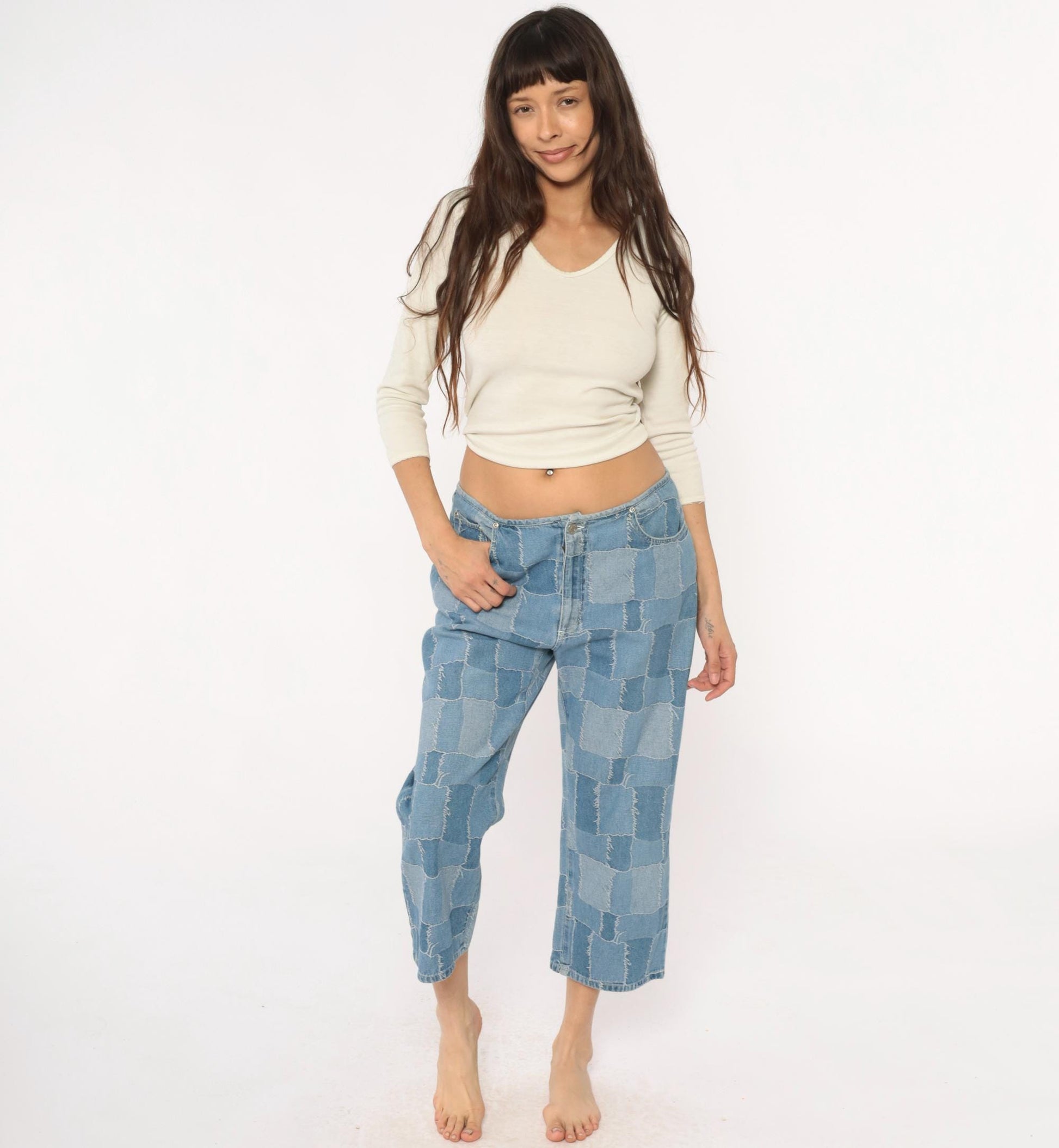 Y2K Carolina Blues Patchwork Denim Jeans Cropped Light Blue Medium M