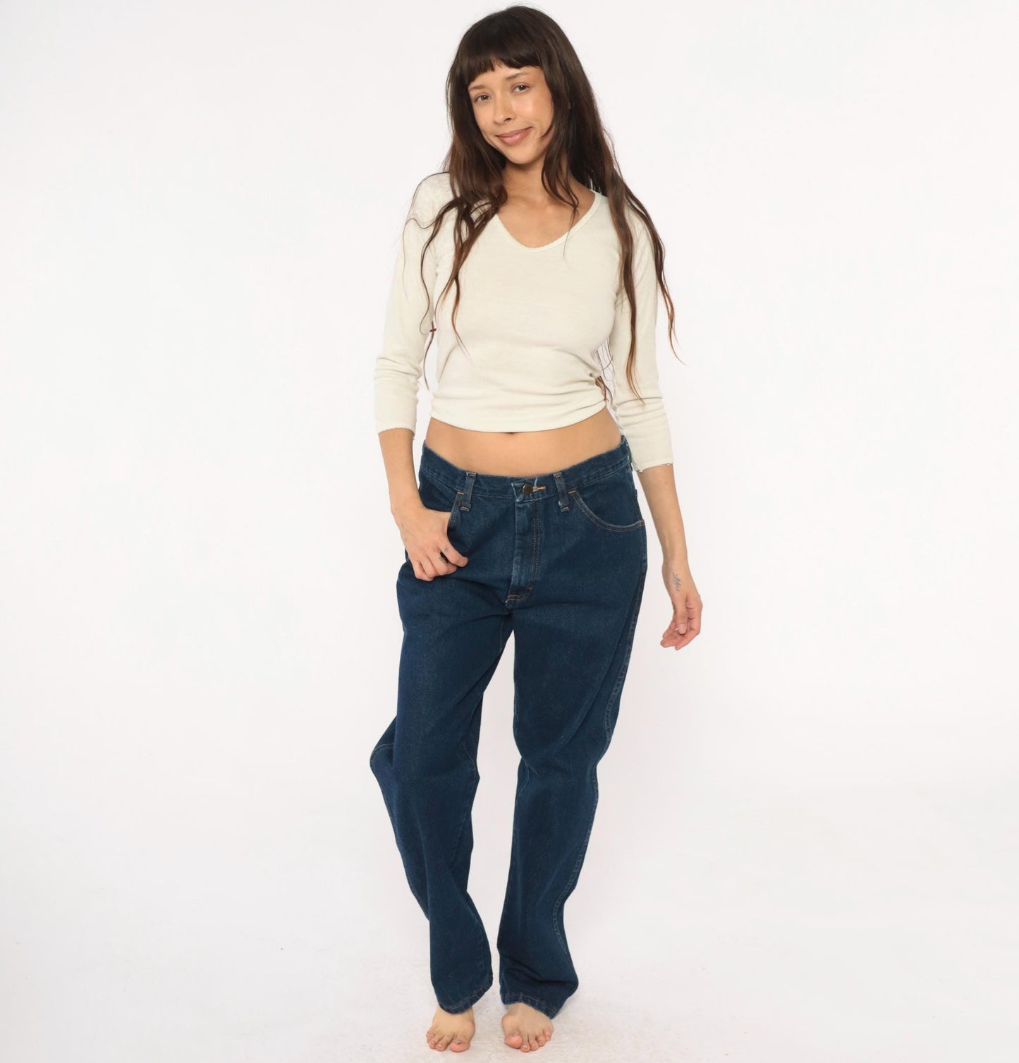 90s Rustler Dark Denim High Rise Straight Leg Jeans Navy Blue 34W