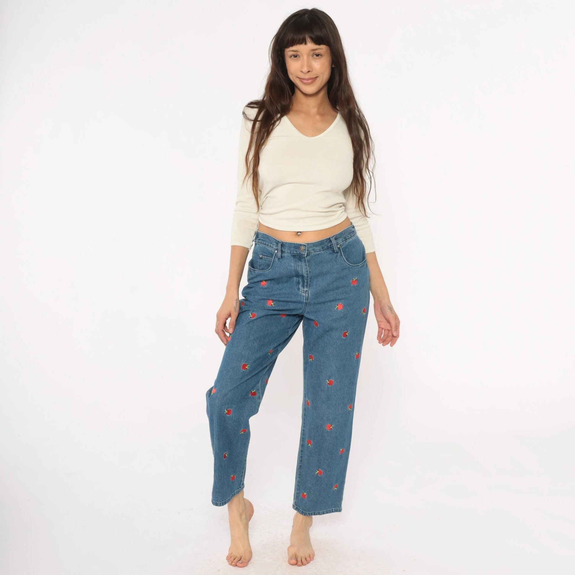 90s Breckenridge Petite Apple Embroidered Jeans Cropped High Waist Blue Small