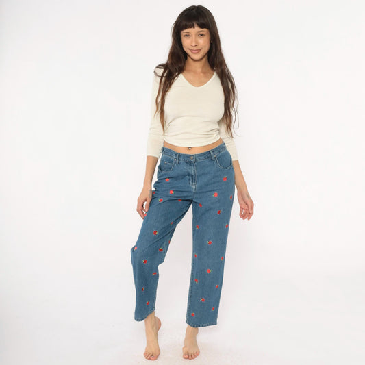90s Breckenridge Petite Apple Embroidered Jeans Cropped High Waist Blue Small