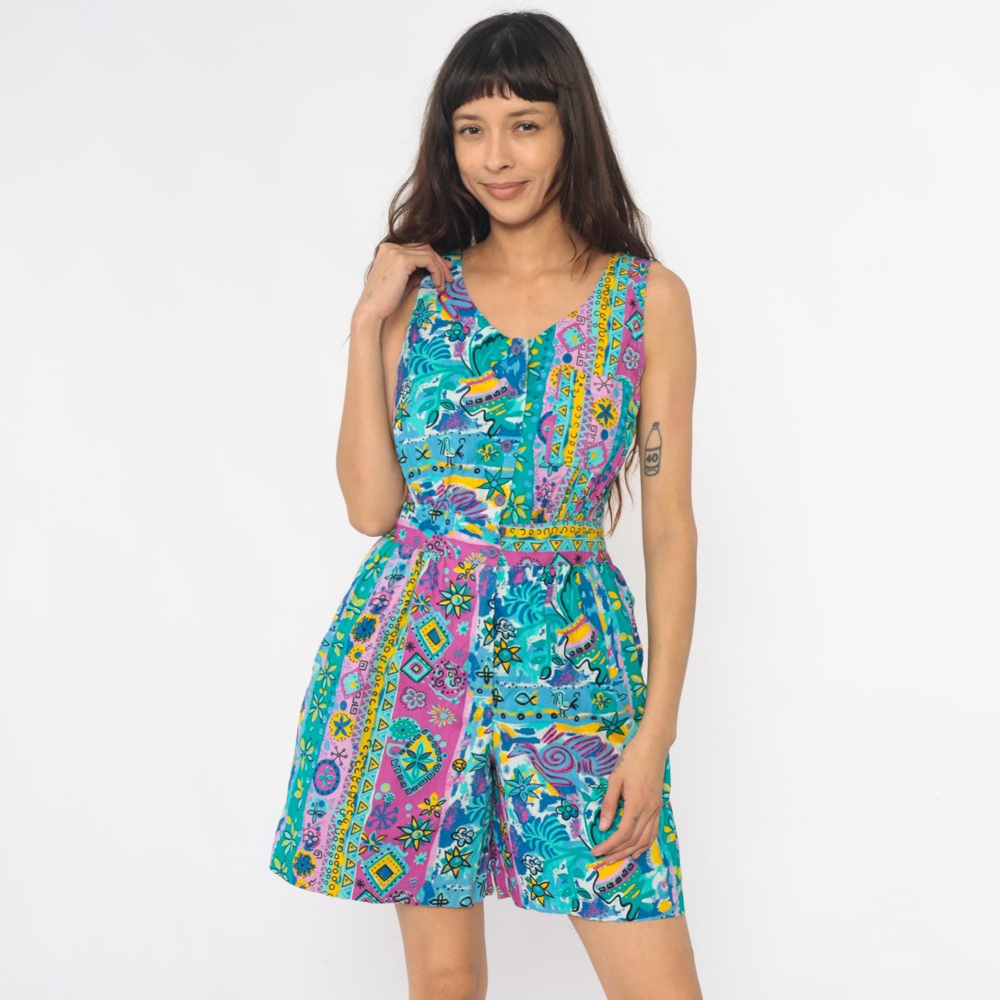 90s Access Romper Turquoise Pink Yellow Geometric Floral Peace Print Medium