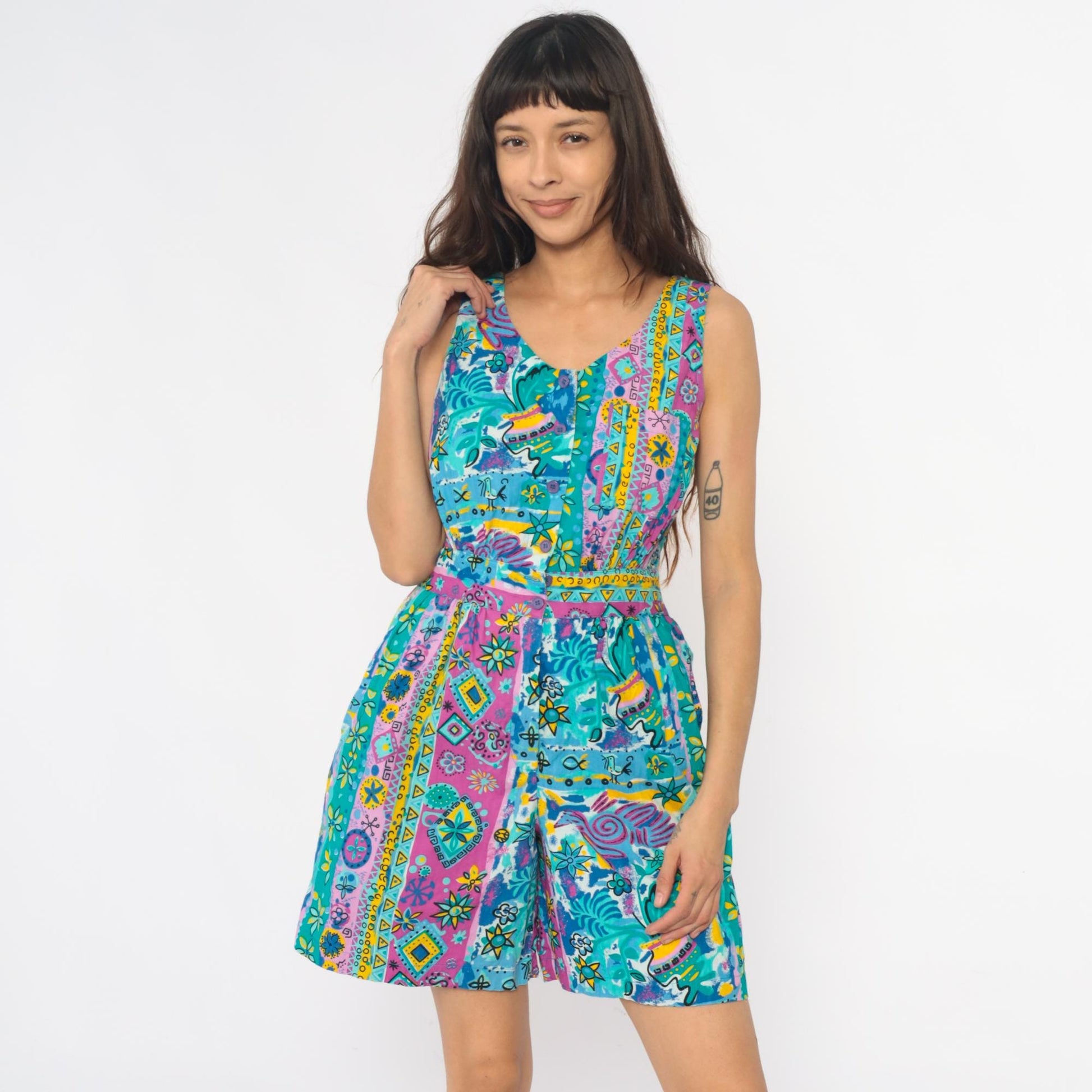 90s Access Romper Turquoise Pink Yellow Geometric Floral Peace Print Medium