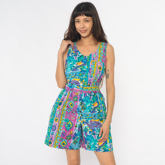 90s Access Romper Turquoise Pink Yellow Geometric Floral Peace Print Medium