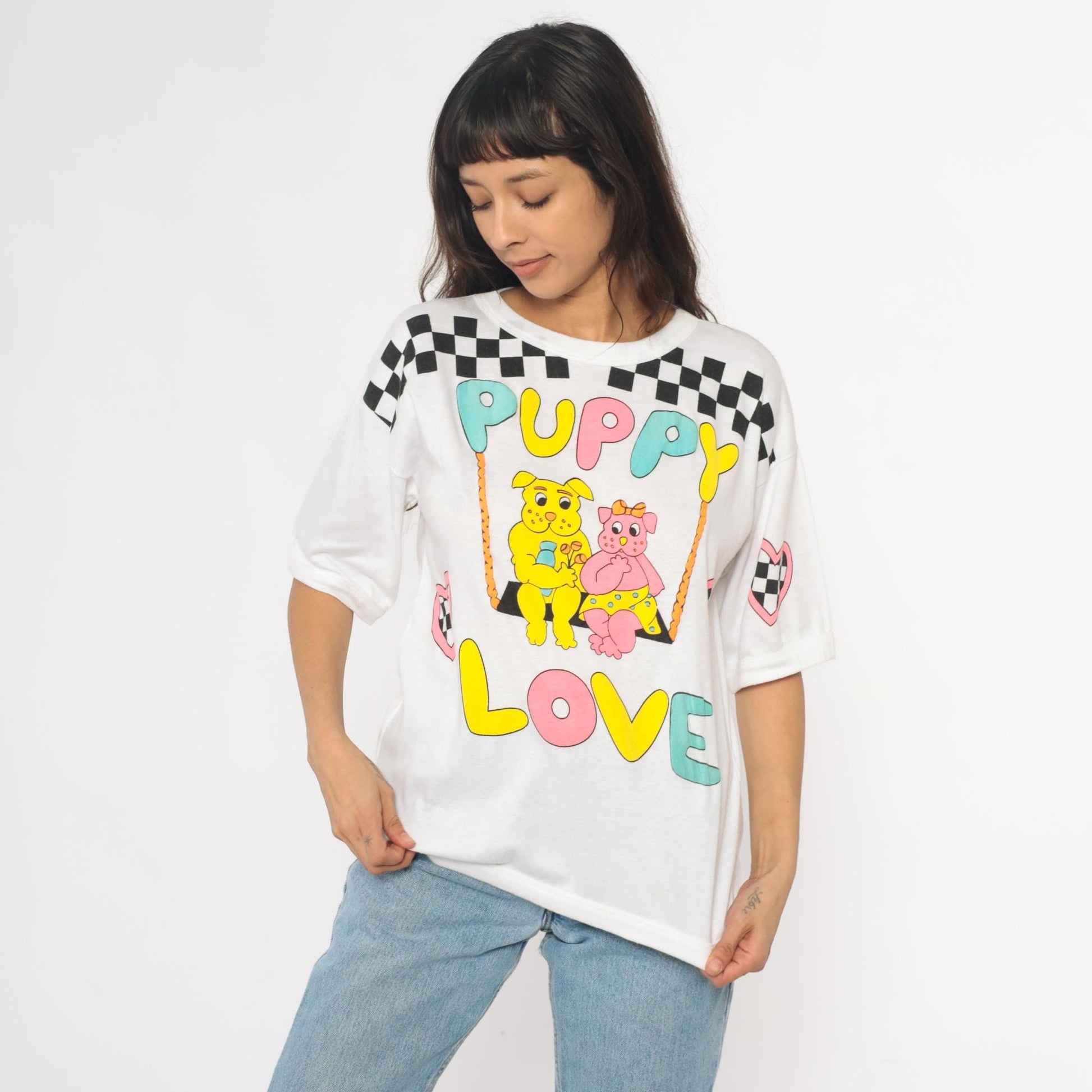 90s Puppy Love Graphic T-Shirt White Checkered Hearts Dogs Medium M
