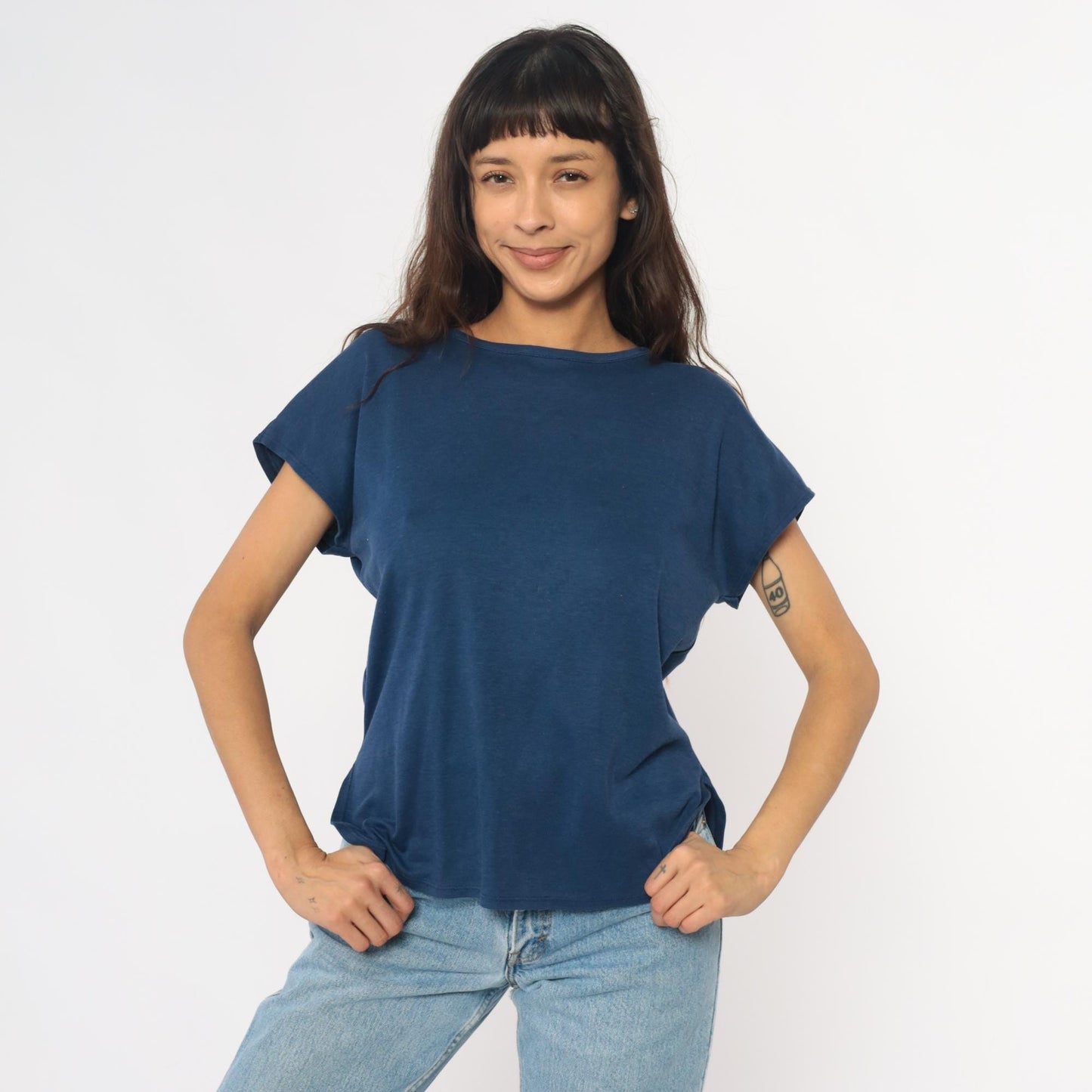 80s Navy Boat Neck T-Shirt Cotton Blend Short Sleeve Medium M