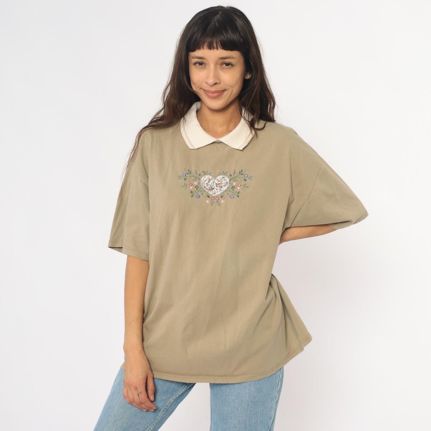 90s Embroidered Floral Heart Polo Shirt Tan Cotton Peter Pan Collar Extra Large