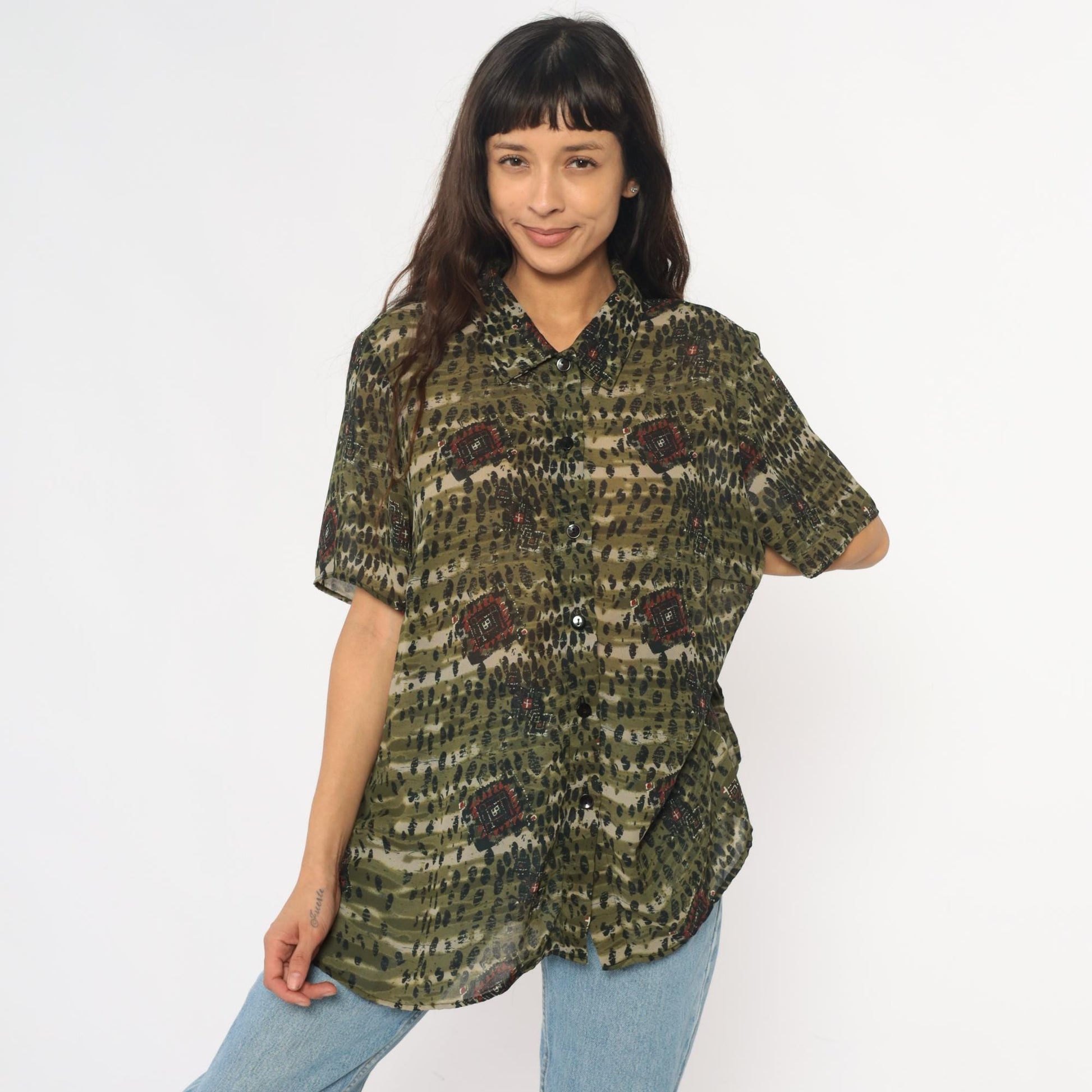 90s Olive Green Leopard Spot Button-Up Blouse Geometric Print Extra Large XL