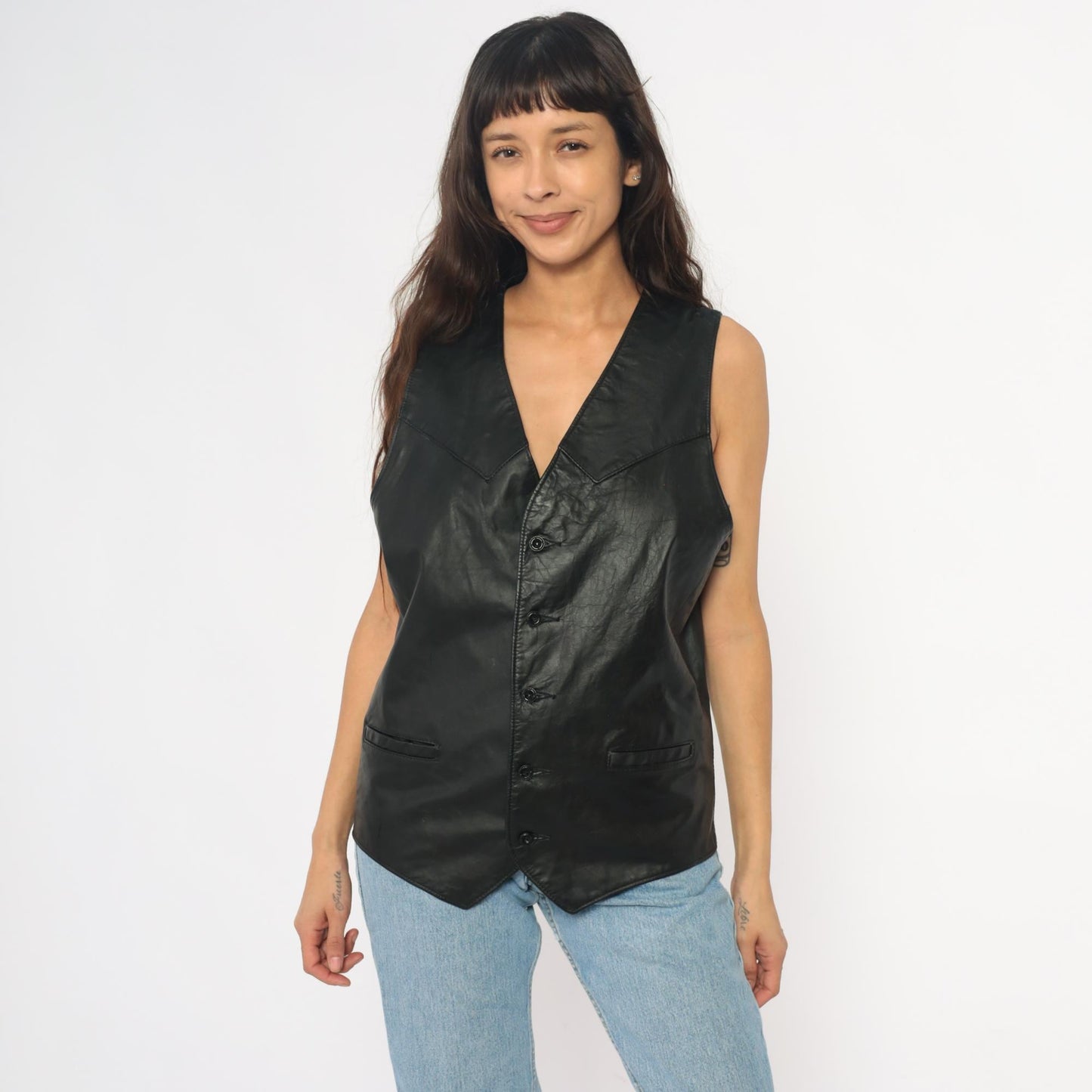 90s Black Leather Vest Notched Collar Button Front Menswear Extra Large XL