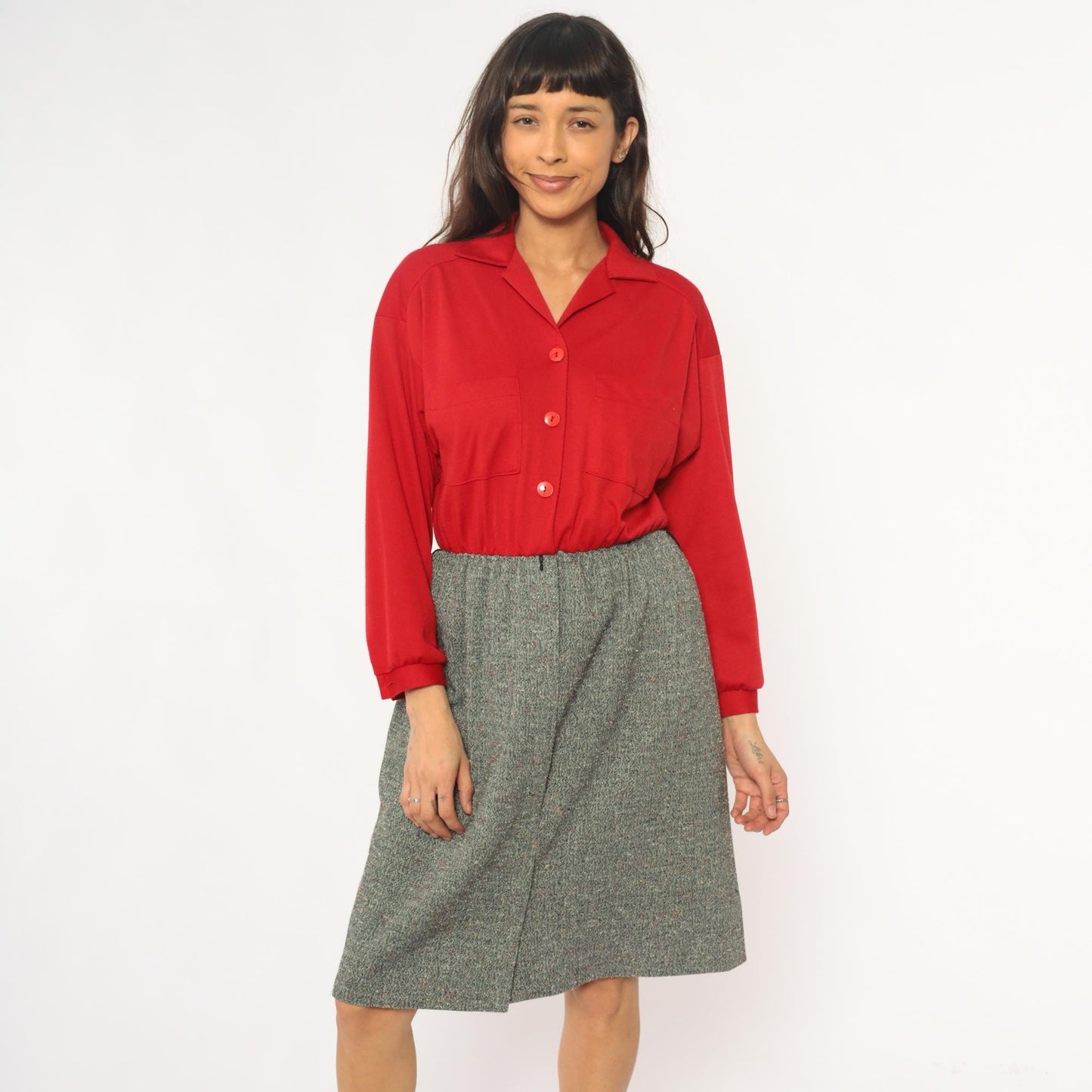 70s Lady Carol Petites Red Tweed Shirtdress Knee Length Small Medium