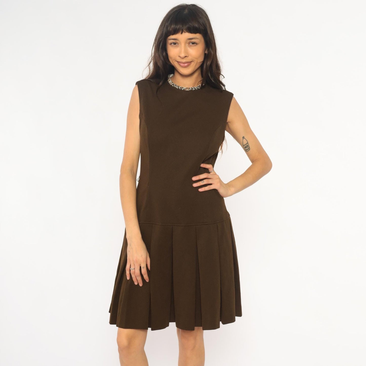 70s Brown Shift Dress Drop Waist Pleated Skirt Geometric Trim Medium M